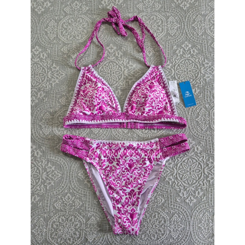 Cupshe Pink Damask Crochet Trim Halter Bikini Set Size L CAA12C5E07BDD‎ New